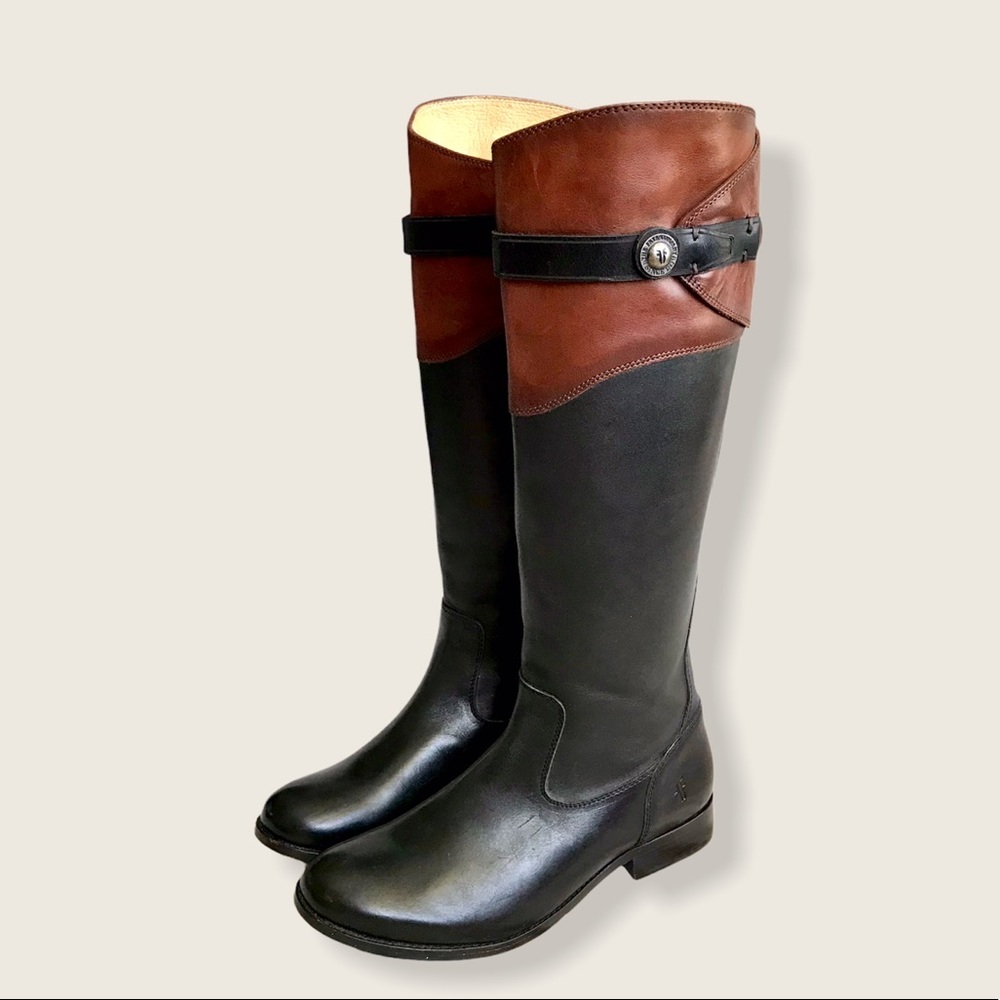 $399 Frye Molly Button Black Brown Multicolor Leather Equestrian Riding Boots - Picture 8 of 13